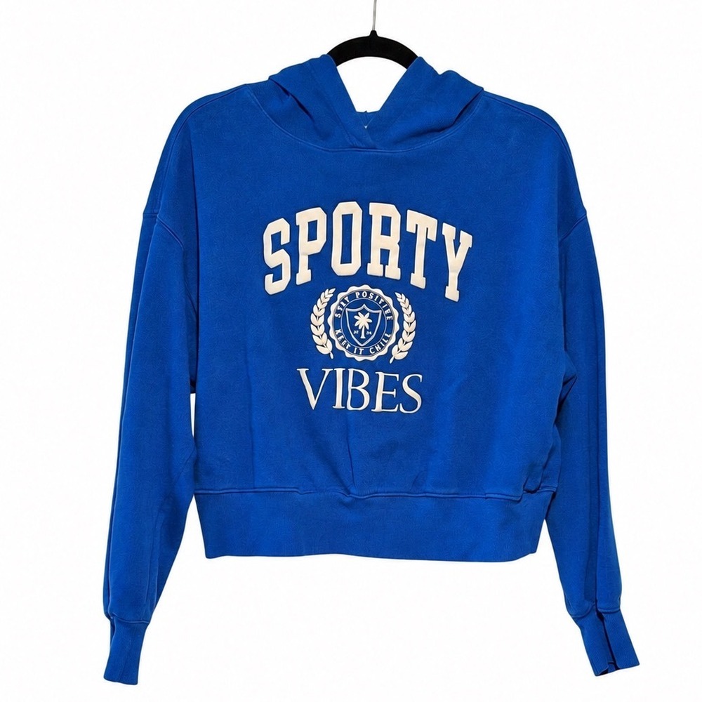 Old Navy Sporty Vibes Hoodie Womens M Blue Cropped Oversized Graphic Sweatshirt